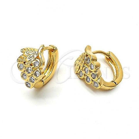 Oro Laminado Huggie Hoop, Gold Filled Style Grape and Leaf Design, with White Cubic Zirconia, Diamond Cutting Finish, Golden Finish, 097.017.1