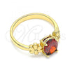 Oro Laminado Multi Stone Ring, Gold Filled Style Flower Design, with Garnet Cubic Zirconia, Polished, Golden Finish, 01.210.0121.2.06