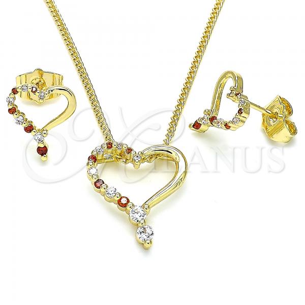 Oro Laminado Earring and Pendant Adult Set, Gold Filled Style Heart Design, with Garnet and White Cubic Zirconia, Polished, Golden Finish, 10.156.0331.1