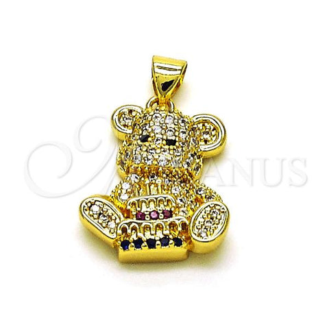 Oro Laminado Fancy Pendant, Gold Filled Style Teddy Bear Design, with Multicolor Micro Pave, Polished, Golden Finish, 05.381.0022