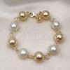Oro Laminado Fancy Bracelet, Gold Filled Style Chunky and Hollow Design, with Ivory Pearl, Polished, Golden Finish, 03.331.0272.09