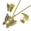 Oro Laminado Earring and Pendant Adult Set, Gold Filled Style Butterfly Design, with Multicolor Cubic Zirconia, Polished, Golden Finish, 10.284.0027