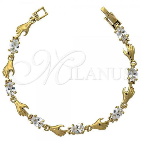 Oro Laminado Fancy Bracelet, Gold Filled Style Hand Design, with White Cubic Zirconia, Polished, Golden Finish, 5.027.004