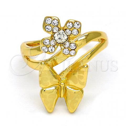 Oro Laminado Multi Stone Ring, Gold Filled Style Flower and Butterfly Design, with White Crystal, Polished, Golden Finish, 01.241.0036.08 (Size 8)