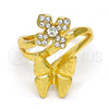 Oro Laminado Multi Stone Ring, Gold Filled Style Flower and Butterfly Design, with White Crystal, Polished, Golden Finish, 01.241.0036.08 (Size 8)