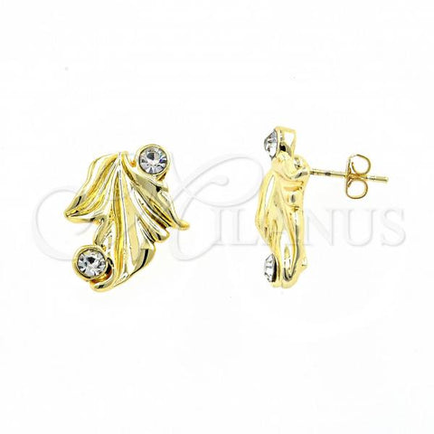 Oro Laminado Stud Earring, Gold Filled Style Leaf Design, with White Crystal, Diamond Cutting Finish, Golden Finish, 02.59.0038