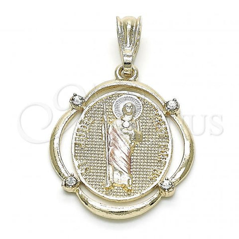 Oro Laminado Religious Pendant, Gold Filled Style San Judas Design, with White Crystal, Polished, Tricolor, 05.351.0073