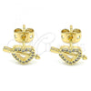 Oro Laminado Stud Earring, Gold Filled Style Heart Design, with White Micro Pave, Polished, Golden Finish, 02.342.0090