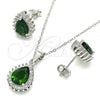 Sterling Silver Earring and Pendant Adult Set, Teardrop Design, with Green and White Cubic Zirconia, Polished, Rhodium Finish, 10.175.0079.2
