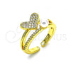 Oro Laminado Multi Stone Ring, Gold Filled Style Heart Design, with White Micro Pave and Ivory Pearl, Polished, Golden Finish, 01.341.0093