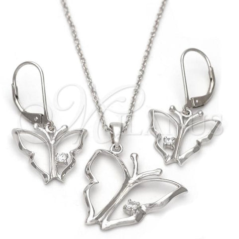 Sterling Silver Earring and Pendant Adult Set, Butterfly Design, with White Crystal, Polished, Rhodium Finish, 10.174.0085.18