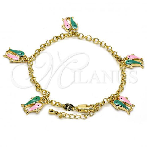 Oro Laminado Charm Bracelet, Gold Filled Style Fish and Rolo Design, Multicolor Enamel Finish, Golden Finish, 03.63.1360.07