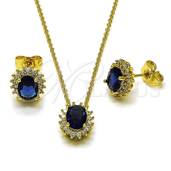 Oro Laminado Earring and Pendant Adult Set, Gold Filled Style Cluster Design, with Sapphire Blue and White Cubic Zirconia, Polished, Golden Finish, 10.156.0520