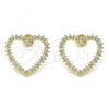 Oro Laminado Stud Earring, Gold Filled Style Heart Design, with White Micro Pave, Polished, Golden Finish, 02.156.0439