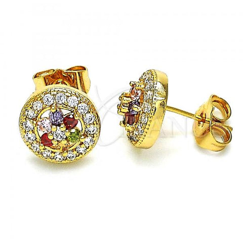 Oro Laminado Stud Earring, Gold Filled Style Flower Design, with Multicolor Cubic Zirconia, Polished, Golden Finish, 02.387.0087.1