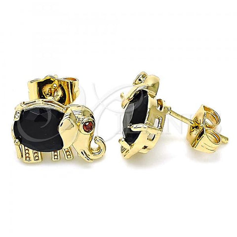 Oro Laminado Stud Earring, Gold Filled Style Elephant Design, with Black Cubic Zirconia and Garnet Micro Pave, Polished, Golden Finish, 02.210.0371.2