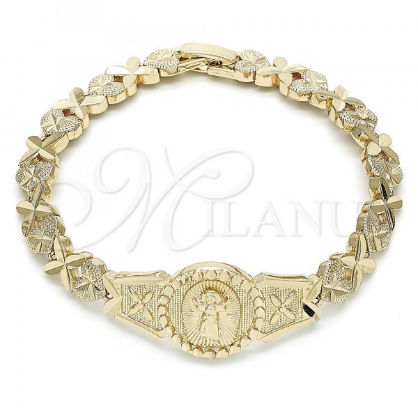 Oro Laminado Fancy Bracelet, Gold Filled Style Divino Niño and Heart Design, Diamond Cutting Finish, Golden Finish, 03.100.0063.07