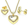 Oro Laminado Earring and Pendant Adult Set, Gold Filled Style Heart Design, with Garnet and White Micro Pave, Polished, Golden Finish, 10.156.0330.1