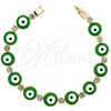Oro Laminado Fancy Bracelet, Gold Filled Style Evil Eye Design, with Green Opal and White Cubic Zirconia, Polished, Golden Finish, 03.63.1126