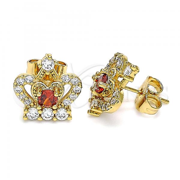 Oro Laminado Stud Earring, Gold Filled Style Crown Design, with Garnet and White Cubic Zirconia, Polished, Golden Finish, 02.387.0027.1