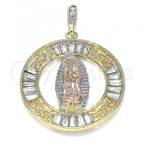 Oro Laminado Religious Pendant, Gold Filled Style Guadalupe and Greek Key Design, with White Crystal, Polished, Tricolor, 05.380.0027