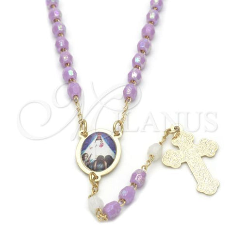 Oro Laminado Thin Rosary, Gold Filled Style Caridad del Cobre and Cross Design, with Lavender and White Crystal, Polished, Golden Finish, 09.02.0026.18