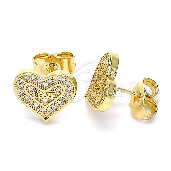 Oro Laminado Stud Earring, Gold Filled Style Heart and Love Design, with White Micro Pave, Polished, Golden Finish, 02.156.0626