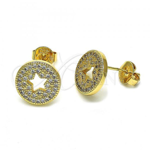 Oro Laminado Stud Earring, Gold Filled Style Star Design, with White Micro Pave, Polished, Golden Finish, 02.94.0081