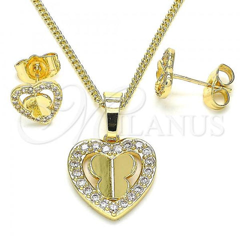 Oro Laminado Earring and Pendant Adult Set, Gold Filled Style Heart and Butterfly Design, with White Micro Pave, Polished, Golden Finish, 10.233.0046