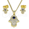 Oro Laminado Earring and Pendant Adult Set, Gold Filled Style Hand of God Design, with Sapphire Blue and White Micro Pave, Polished, Golden Finish, 10.156.0346