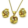 Oro Laminado Earring and Pendant Adult Set, Gold Filled Style Chunky Design, Diamond Cutting Finish, Golden Finish, 10.63.0603