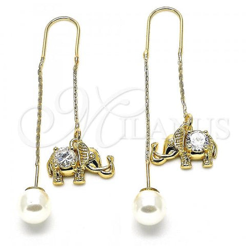 Oro Laminado Threader Earring, Gold Filled Style Elephant Design, with White Micro Pave, Polished, Golden Finish, 02.210.0338