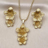 Oro Laminado Earring and Pendant Adult Set, Gold Filled Style Flower and Ball Design, Diamond Cutting Finish, Golden Finish, 10.282.0010