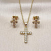 Oro Laminado Earring and Pendant Adult Set, Gold Filled Style Cross and Rolo Design, with White Cubic Zirconia, Polished, Golden Finish, 10.156.0512