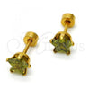 Stainless Steel Stud Earring, Star Design, with Dark Peridot Cubic Zirconia, Polished, Golden Finish, 02.271.0006.10