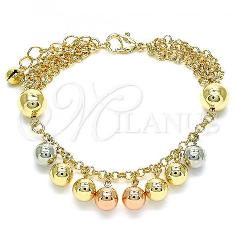 Oro Laminado Charm Bracelet, Gold Filled Style Ball Design, Polished, Tricolor, 03.331.0194.08