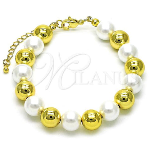 Oro Laminado Fancy Bracelet, Gold Filled Style Ball and Hollow Design, with Ivory Pearl, Polished, Golden Finish, 03.341.0218.07