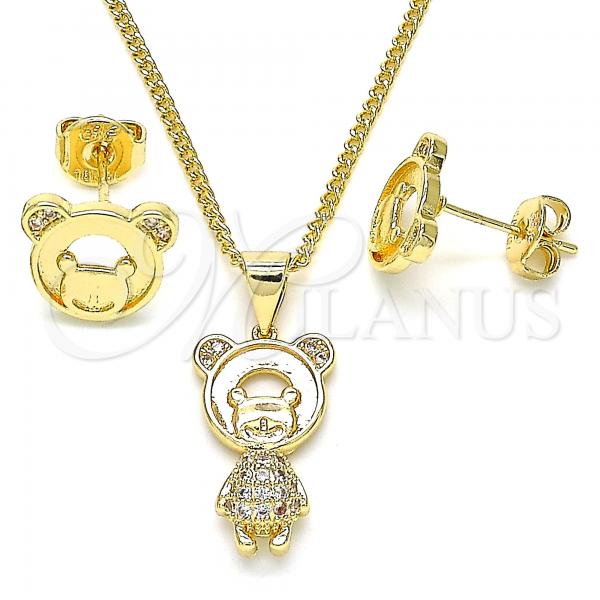 Oro Laminado Earring and Pendant Adult Set, Gold Filled Style Teddy Bear Design, with White Micro Pave, Polished, Golden Finish, 10.156.0234