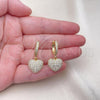 Oro Laminado Dangle Earring, Gold Filled Style Heart Design, with White Micro Pave, Polished, Golden Finish, 02.283.0088