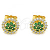 Oro Laminado Stud Earring, Gold Filled Style Flower Design, with Green Cubic Zirconia and White Micro Pave, Polished, Golden Finish, 02.310.0021