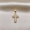 Oro Laminado Religious Pendant, Gold Filled Style Cross Design, with White Micro Pave and White Cubic Zirconia, Polished, Golden Finish, 05.342.0075