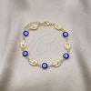 Oro Laminado Fancy Bracelet, Gold Filled Style Guadalupe and Evil Eye Design, Blue Enamel Finish, Golden Finish, 03.213.0224.07