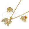 Oro Laminado Earring and Pendant Adult Set, Gold Filled Style Elephant Design, with Ruby and White Micro Pave, Polished, Golden Finish, 10.199.0076.2
