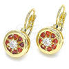 Oro Laminado Leverback Earring, Gold Filled Style Flower Design, with Garnet and White Cubic Zirconia, Polished, Golden Finish, 02.210.0216.2