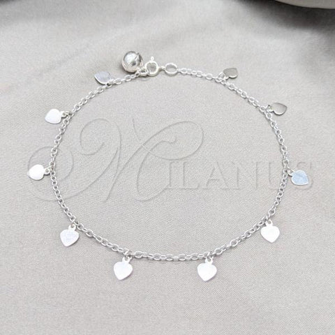 Sterling Silver Fancy Anklet, Heart Design, Polished, Silver Finish, 03.409.0148.10