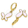 Oro Laminado Dangle Earring, Gold Filled Style Butterfly Design, Pink Enamel Finish, Golden Finish, 02.377.0025.1
