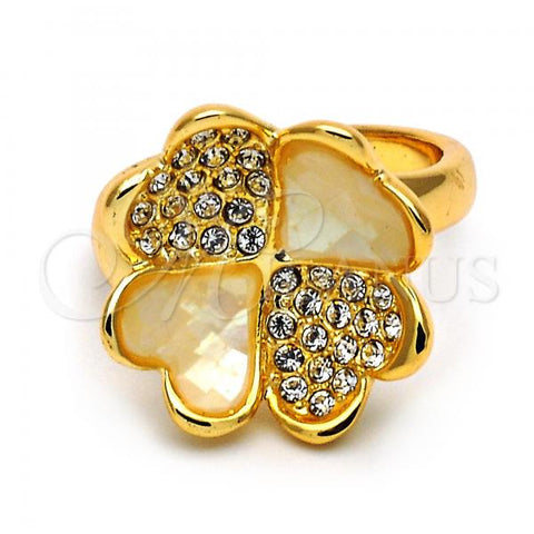 Oro Laminado Elegant Ring, Gold Filled Style Flower and Heart Design, with Champagne Opal and White Crystal, Polished, Golden Finish, 5.174.022.09 (Size 9)