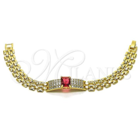 Oro Laminado Fancy Bracelet, Gold Filled Style Bismark Design, with Ruby Cubic Zirconia and White Micro Pave, Polished, Golden Finish, 03.283.0303.1.07