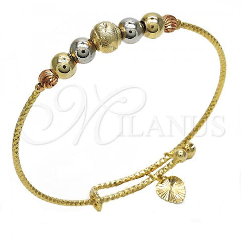 Oro Laminado Individual Bangle, Gold Filled Style Rattle Charm Design, Diamond Cutting Finish, Tricolor, 07.312.0003.1.04 (02 MM Thickness, Size 4 - 2.25 Diameter)