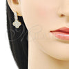 Oro Laminado Stud Earring, Gold Filled Style Four-leaf Clover and Baguette Design, with White Cubic Zirconia, Polished, Golden Finish, 02.283.0246